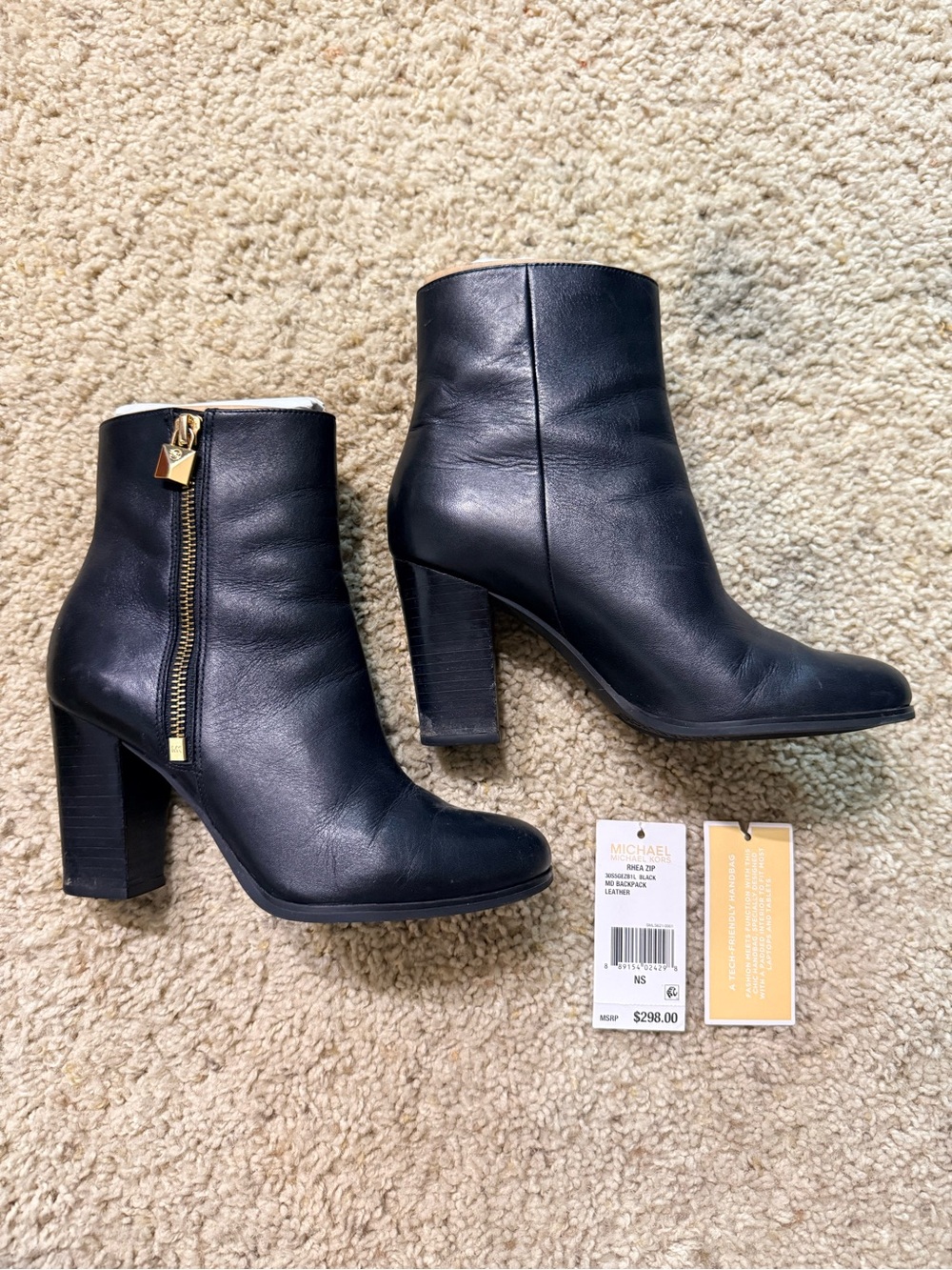 NIB Michael Kors Black Leather Ankle Boots Booties Size 6M Gold Zipper Padlock